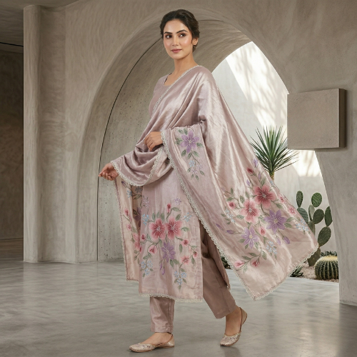 punjabi floral suit styled outdoors with flowing embroidered dupatta, modern architecture background