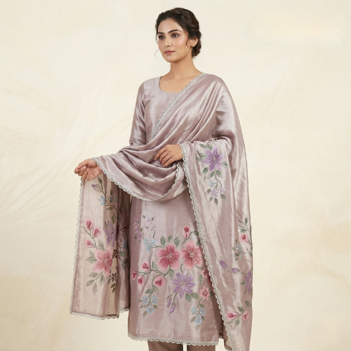 Aethel mauve Pink Chanderi Silk Punjabi Floral Suit