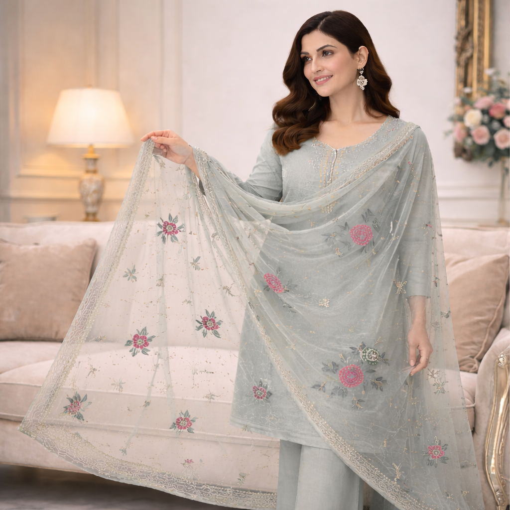 floral suit design dupatta with delicate embroidery and soft net fabric floral detailing