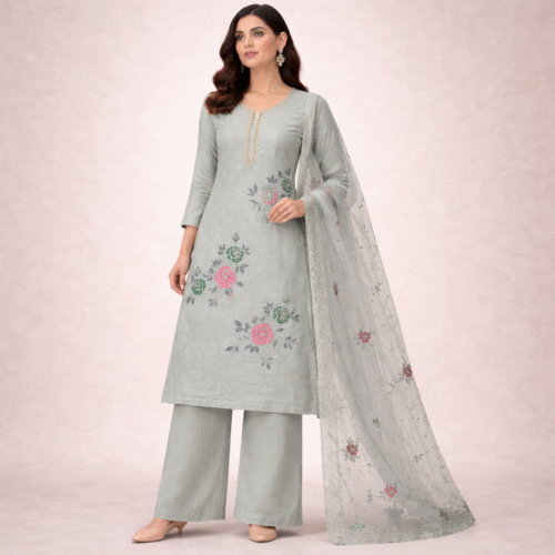 floral suit design in soft green with embroidered floral patterns and dupatta full length ethnic outfit