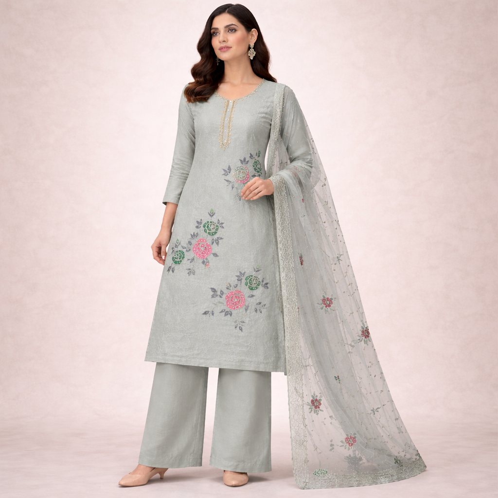 Elegant Green Floral Suit Design with Embroidered Dupatta & Palazzo Set