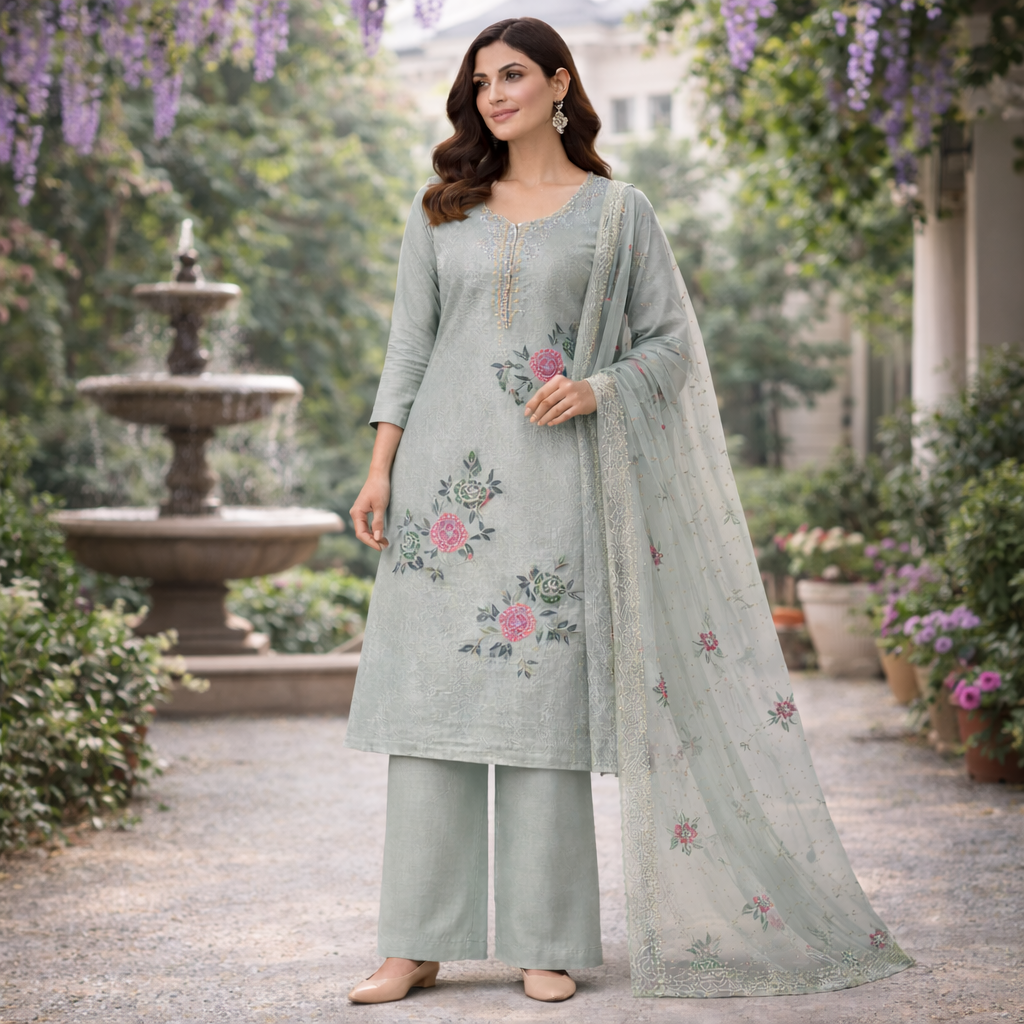 floral suit design styled outdoors in garden setting with flowing dupatta and elegant ethnic wear look