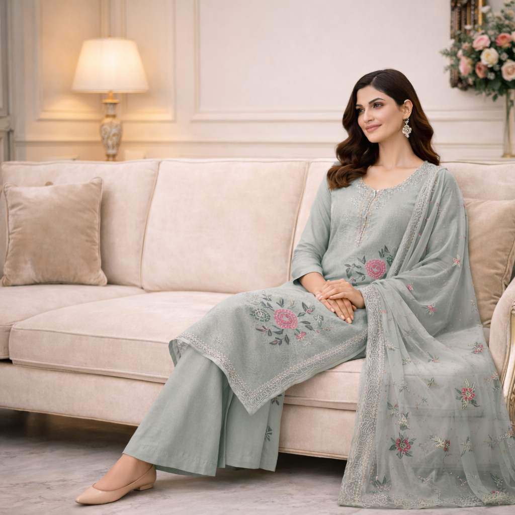 floral suit design in green shown in elegant sitting pose with embroidered suit and dupatta styling
