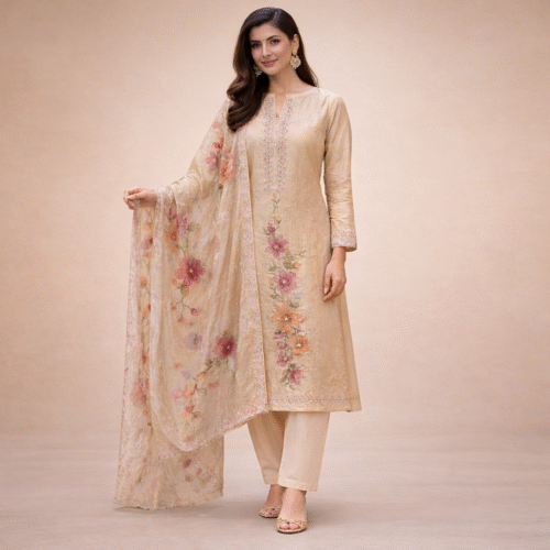 punjabi bridal suit in beige with floral embroidery and dupatta full length elegant ethnic outfit