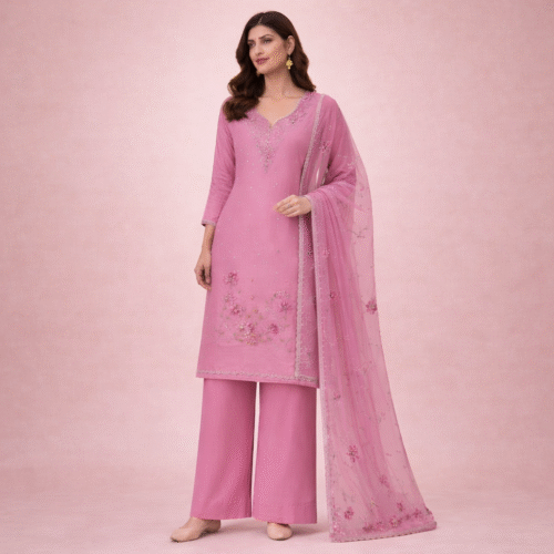 punjabi suit design in pink with floral embroidery and dupatta full length ethnic outfit