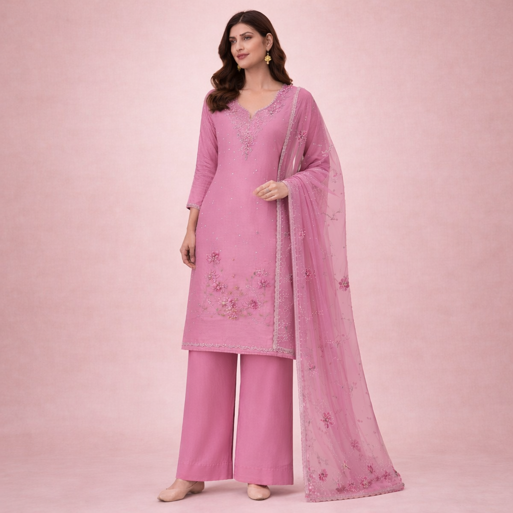 Elegant Pink Punjabi Suit Design with Floral Embroidery & Dupatta