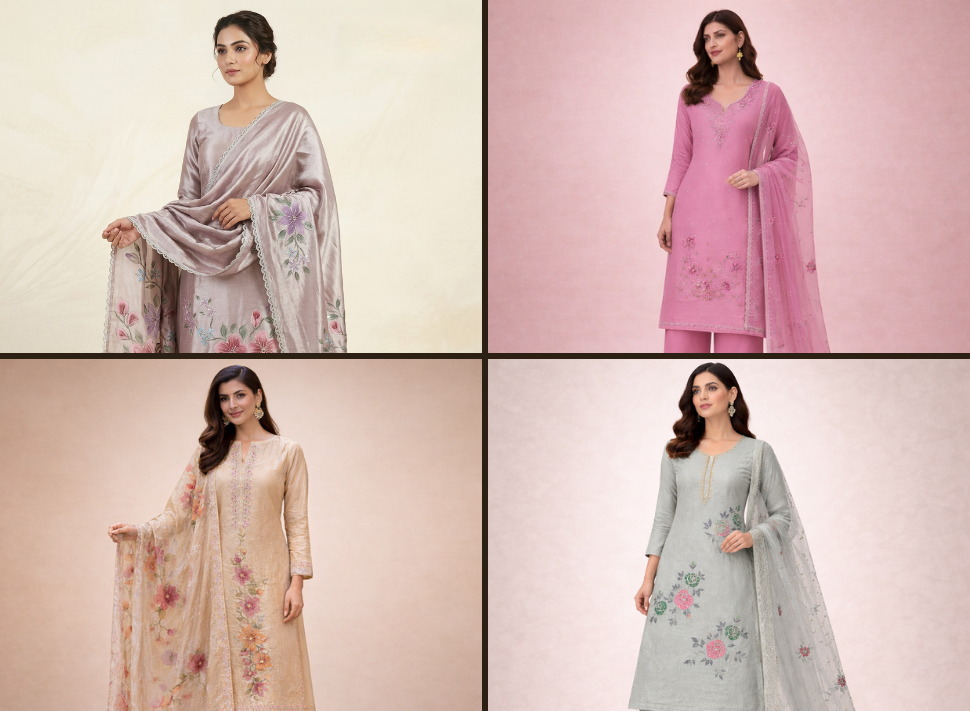 Four floral print suits online shopping collection — mauve silk, pink embroidered, beige floral, and sage green salwar kameez sets with matching dupattas